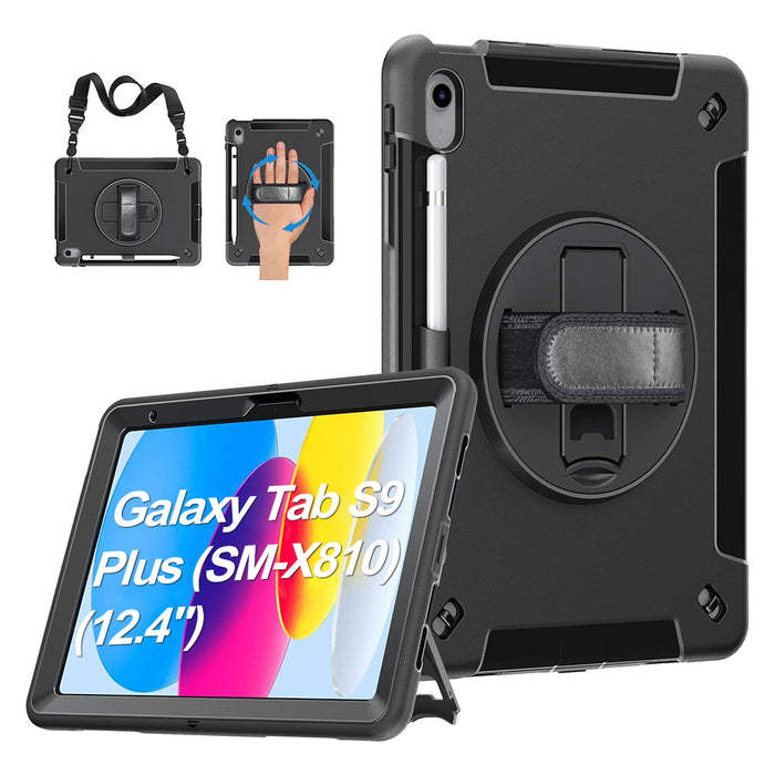 Rugged Case for Galaxy Tab S9 Plus (SM-X810) (12.4") Generic Heavy Duty with Pen Holder（Black Diamond）
