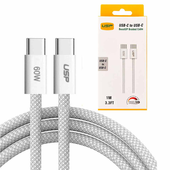 1M BoostUp White USB-C to USB-C PD 60W High Density Braided Fast Charging Cable  USP Compatible for iPhone 15 Series