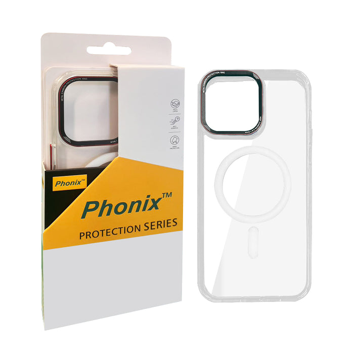 Phonix Case For iPhone 15 Pro Max Clear Armor Hard Case Magsafe With Metal Lens Protection Ring  White