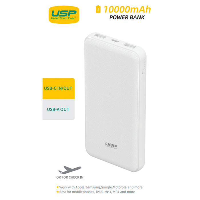 USP Power Bank 10K mAh (10000mAh) White with 3 USB Outputs