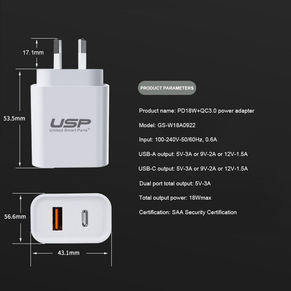 20W QC3.0 Dual Port USB-A USB-C PD Fast Wall Charger USP