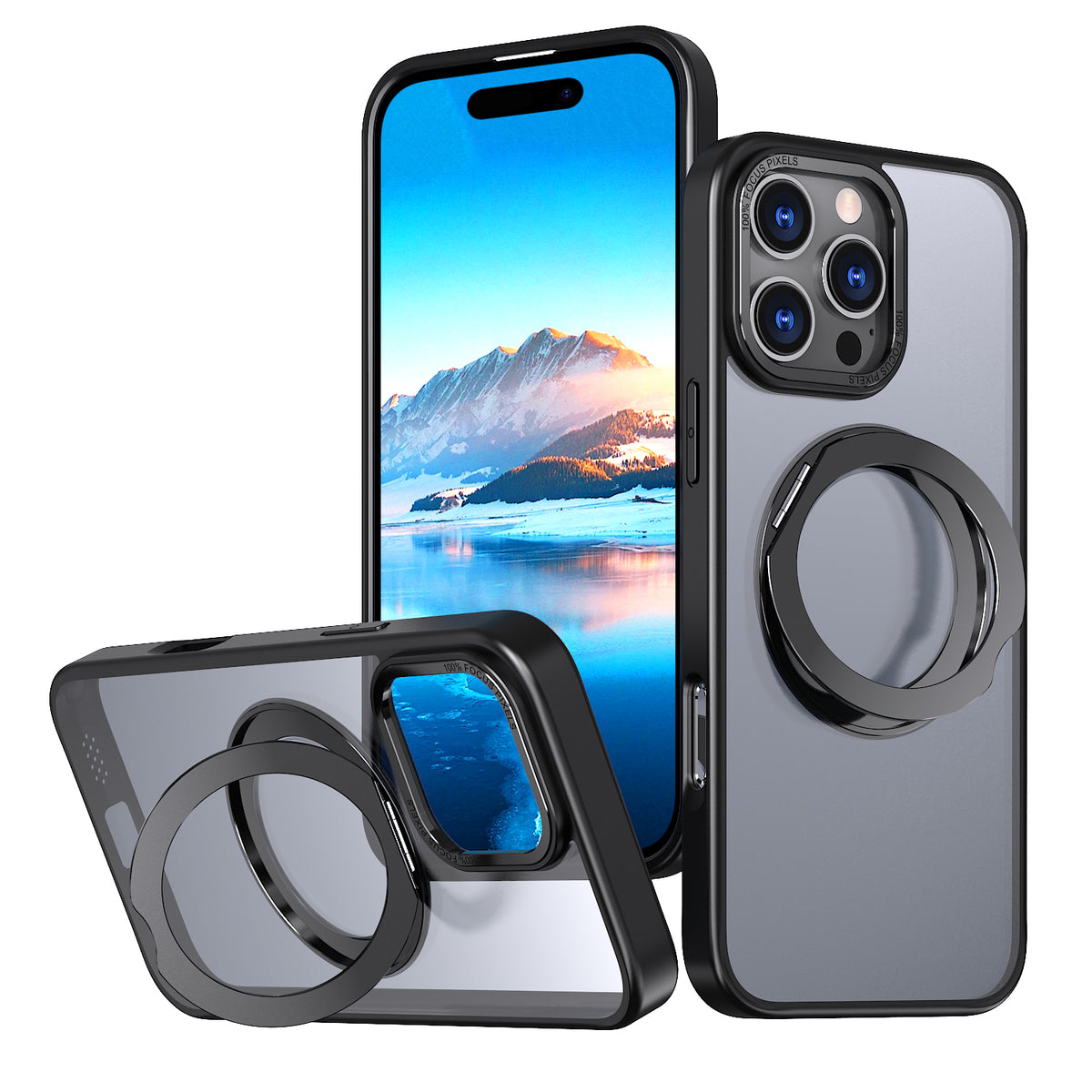 USP Black Case For iPhone 17 Pro Max 360° Rotatable Ring Stand Compatible With Magsafe