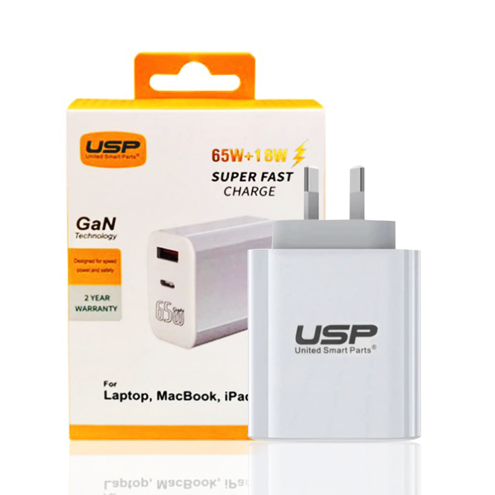 65W GaN 2 Ports USB-C PD Super Fast Laptop Wall Charger USP 2 Years Warranty