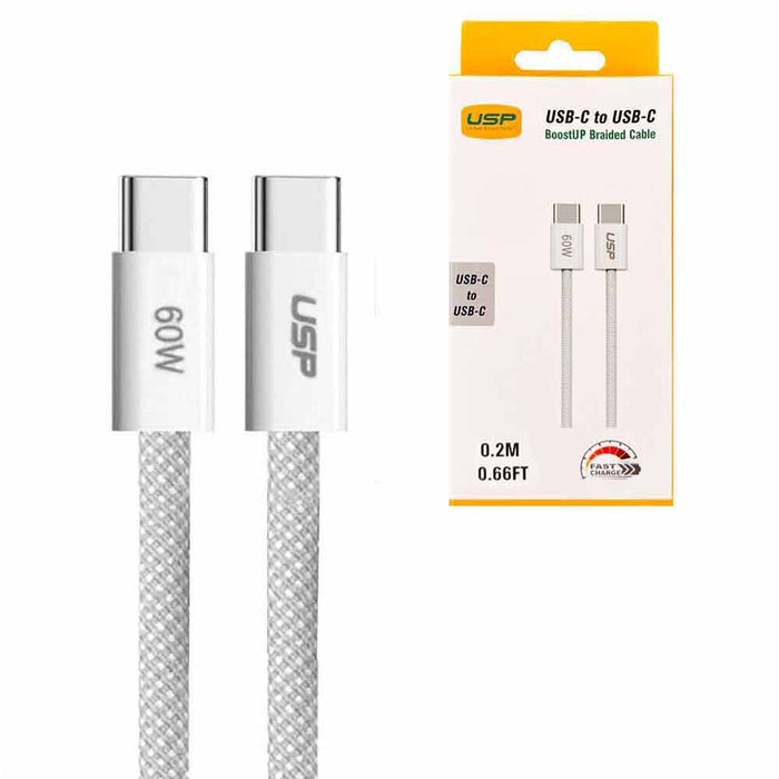 0.2M BoostUp White USB-C to USB-C PD 60W High Density Braided Fast Charging Cable  USP Compatible for iPhone 15 Series