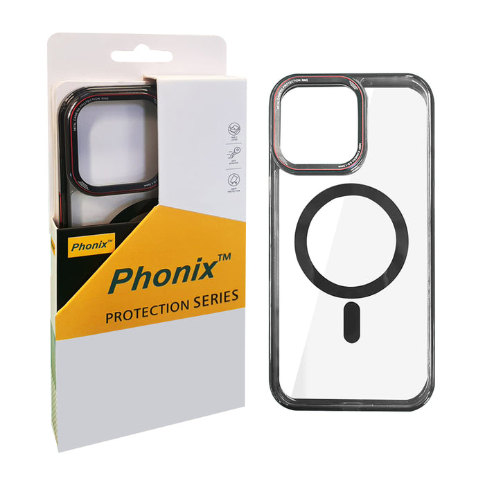 Phonix Case For iPhone 15 Pro Max Clear Armor Hard Case Magsafe With Metal Lens Protection Ring Black