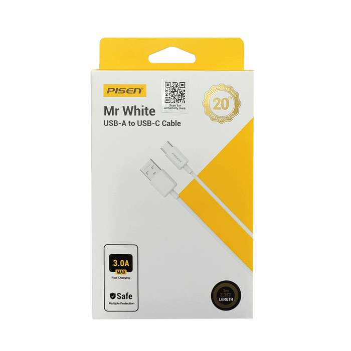 Pisen Mr White 1M USB-A to USB-C Cable (TC25-1000 ) Compatible for iPhone 15 Series
