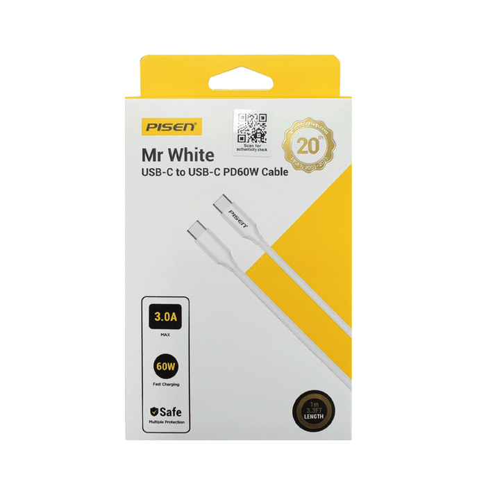 Pisen Mr White 2M USB-C to USB-C PD60W Fast Charging Data Cable (CC-PD01-2000) Compatible for iPhone 15 Series