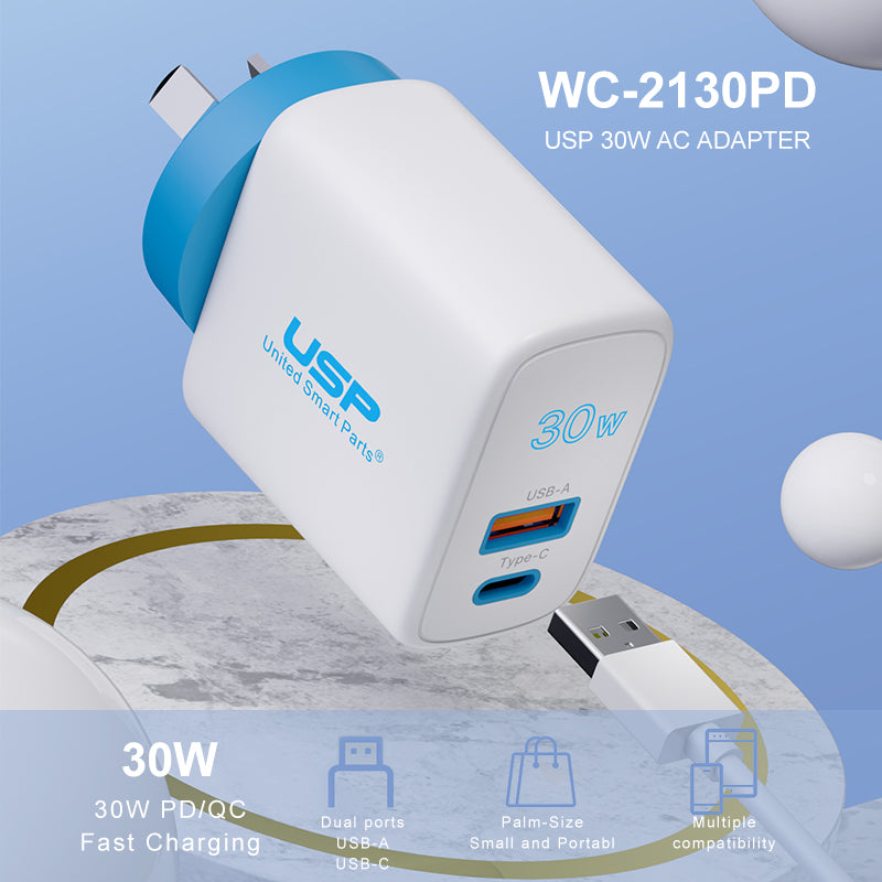 30W USB A + TYPE C  PD Fast Wall Charger with 1M USB-C to Lightning White Cable USP 10 Pcs 10% off
