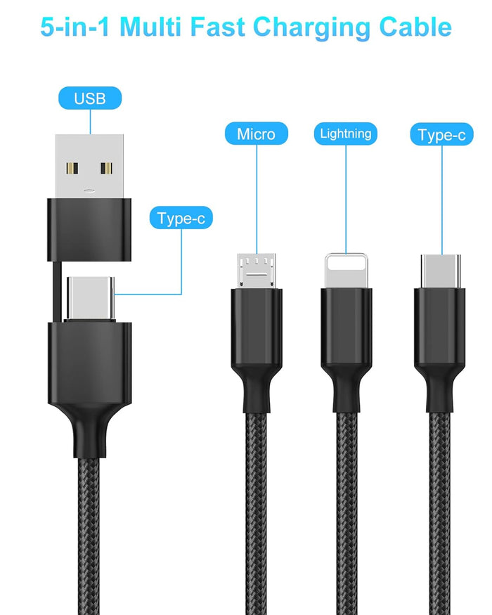 Pisen Pro 100W 5 in 1 Multi Charging Cable 1.2M USB C Multi Fast Charging Cable Nylon Braided Cable U+C to M+L+T