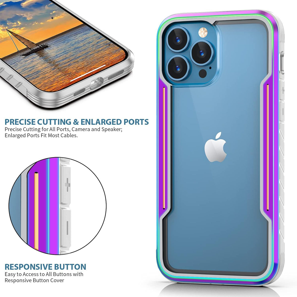 Phonix Aluminum Alloy Frame Case For iPhone 15 Pro Max Rainbow Clear Case