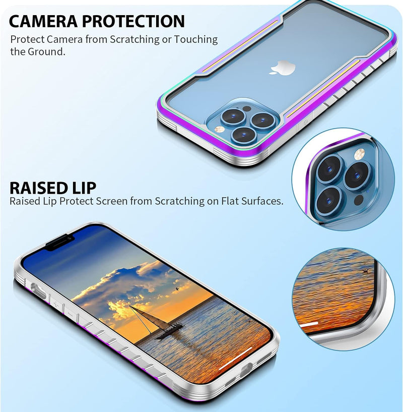 Phonix Aluminum Alloy Frame Case For iPhone 15 Pro Max Rainbow Clear Case