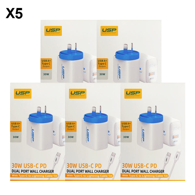 30W USB A + TYPE C  PD Fast Wall Charger with 1M USB-C to Lightning White Cable USP 10 Pcs 10% off