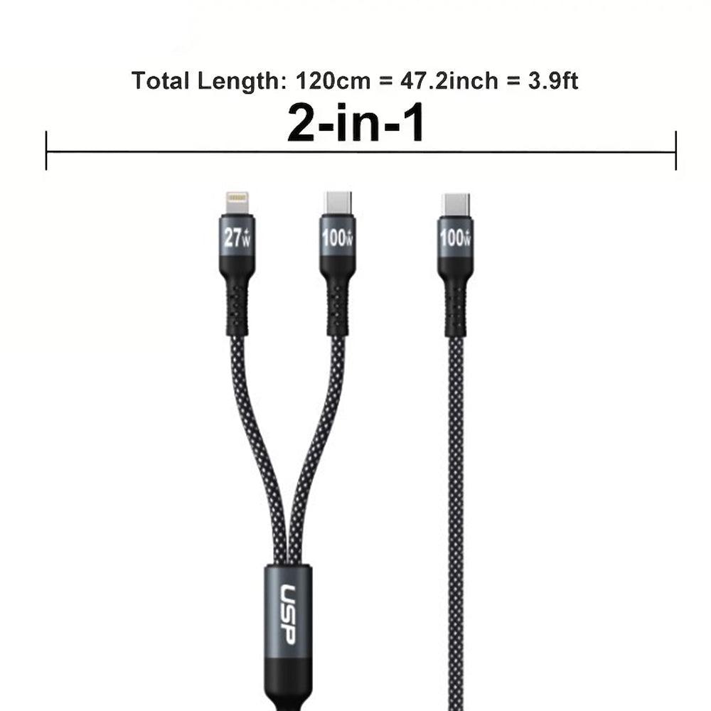 2 in 1 USB-C to Lighting + USB-C  Super Fast Charging Cable 100W  Nylon Braided Cable 1.2M USP