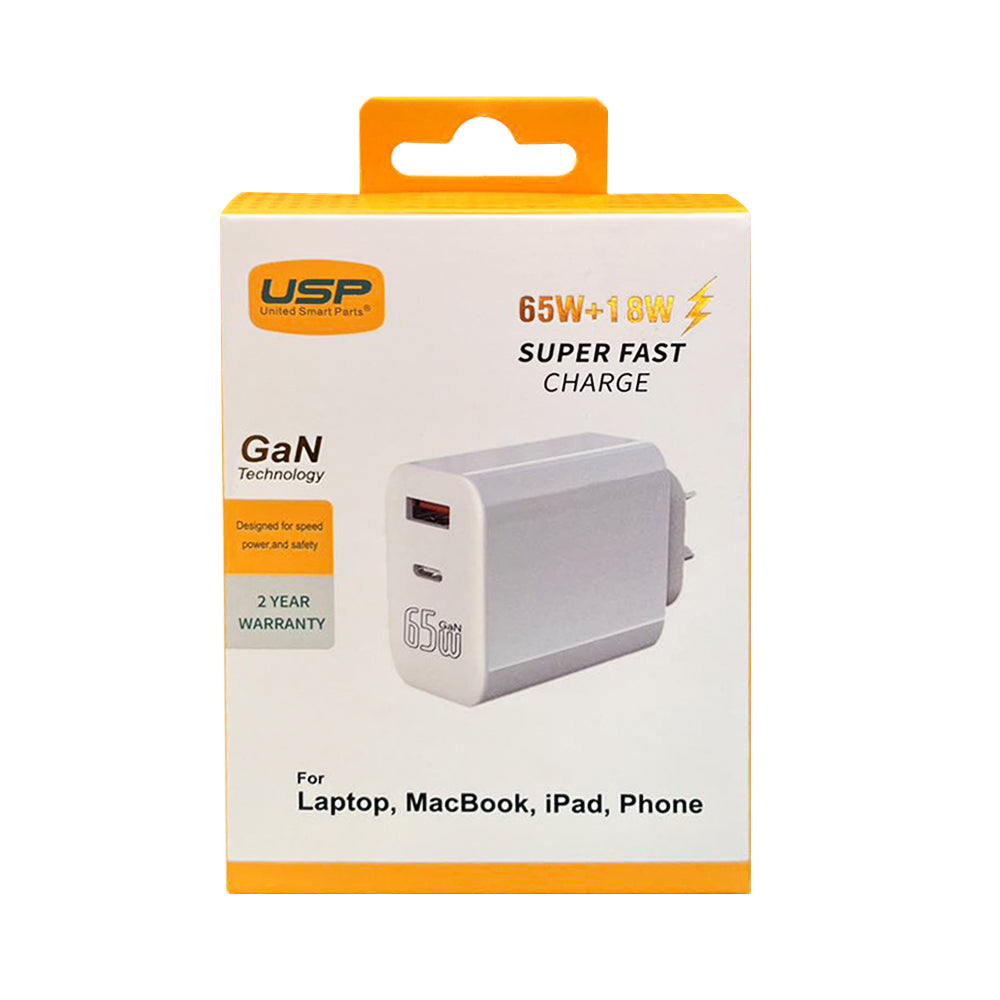Maplin 65W 2-Port GaN Fast USB Wall Charger with USB-C PD, USB-A QC 3.0 & Retractable USB-C Cable