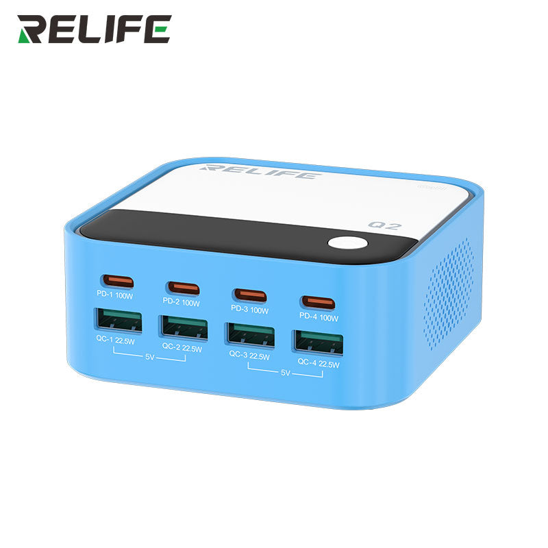 Relife Q2 120W 8-Ports Desktop Charger with PD100W Charging & RGB Atmosphere Lighting