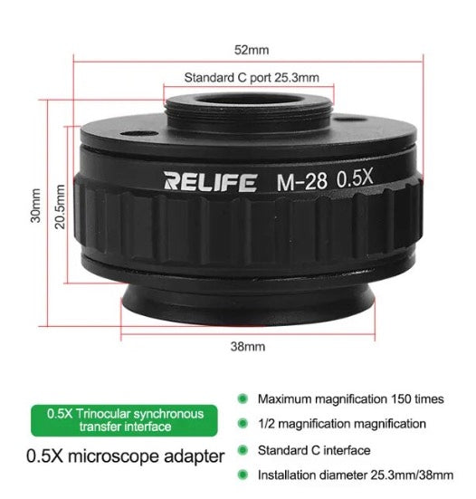 RELIFE M-28 0.5X Trinocular Stereo Microscope CTV Lens