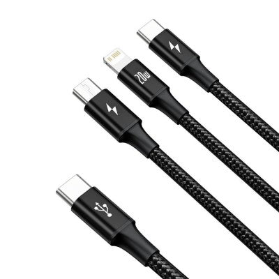 3 in 1 Baseus Rapid Series Fast Charging Data Cable Type-C to C+L+C PD 20W 1.5m Black