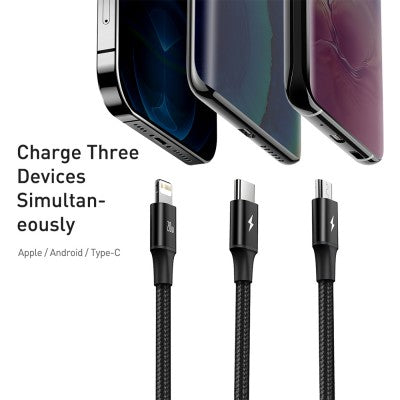 3 in 1 Baseus Rapid Series Fast Charging Data Cable Type-C to C+L+C PD 20W 1.5m Black