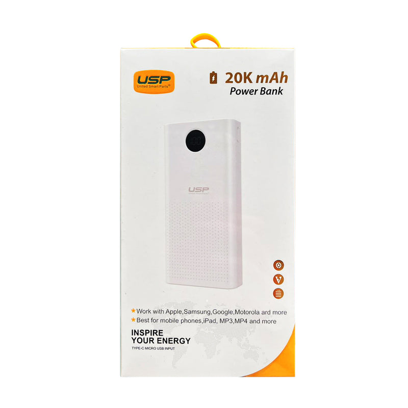 USP Power Bank 20K mAh (20000mAh) White with 2 USB Outputs and 2 Input