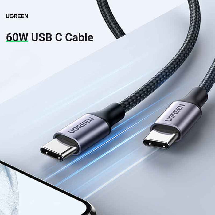 1M 60W USB-C  To USB-C  3A Data Cable Aluminum Nylon Braid Grey+ Black Ugreen Compatible for iPhone 15 Series