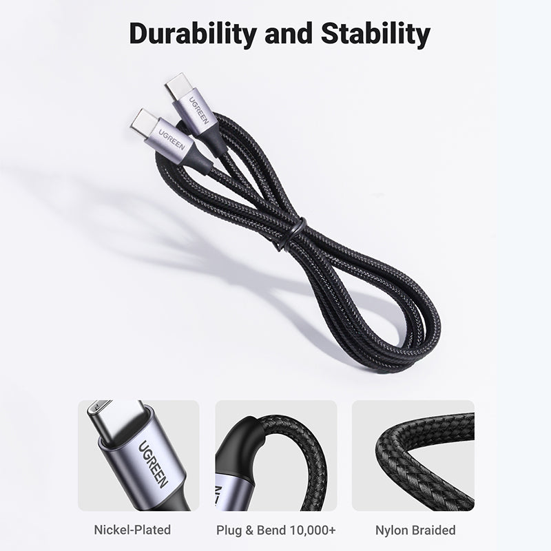 2M 60W USB-C  To USB-C  4A Data Cable Aluminum Nylon Braid Grey+ Black Ugreen Compatible for iPhone 15 Series