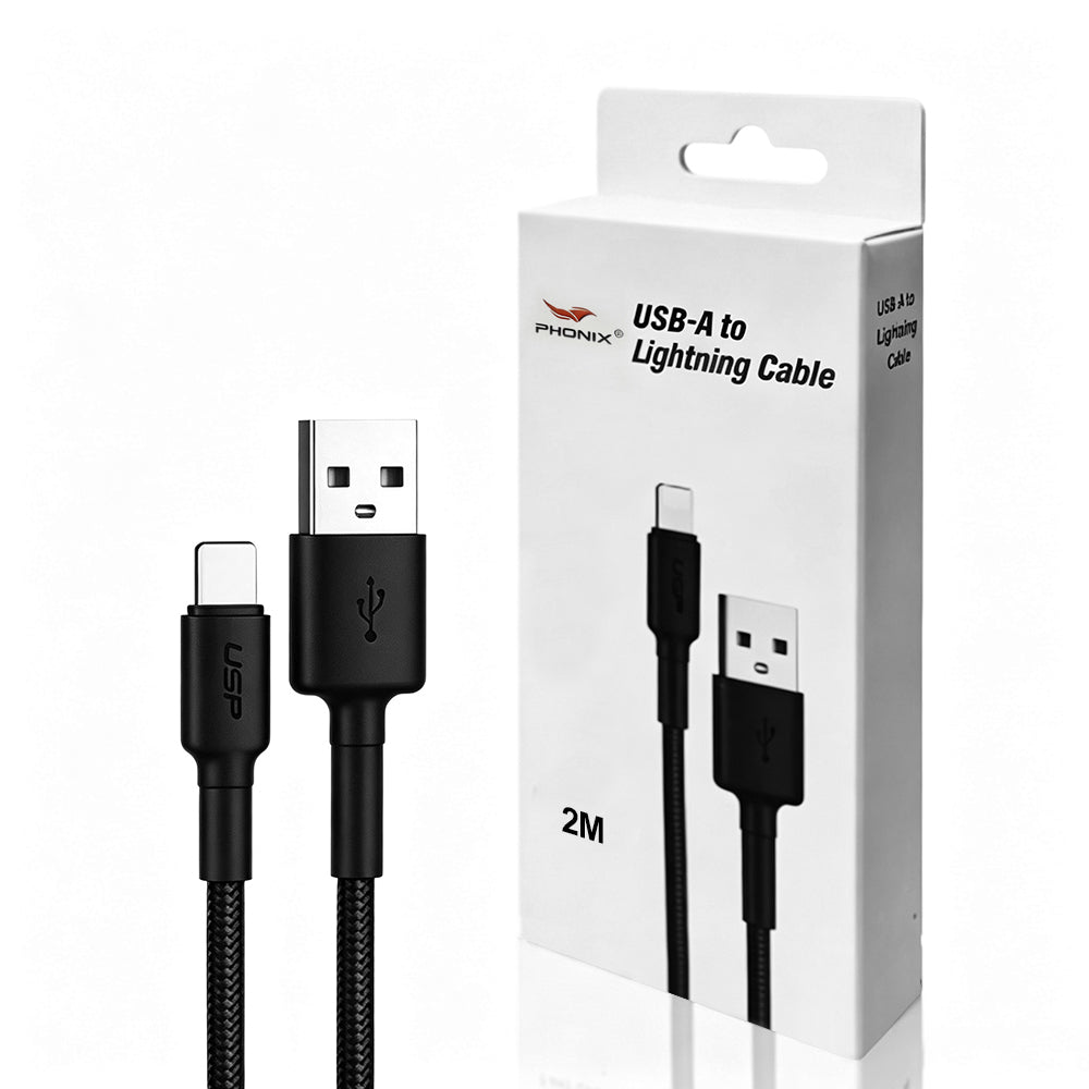 2M Black Braided Lightning to USB-A Cable Charge & Connect Black Phonix