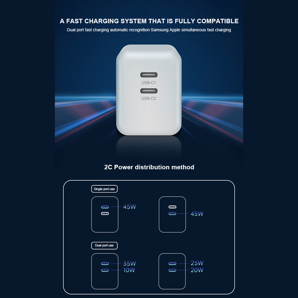 45W GaN Power Adaptor Dual USB-C PD-White