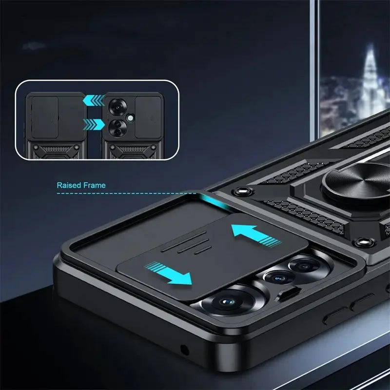 For iPhone 15 Shockproof Camera Window Case with Holder Black