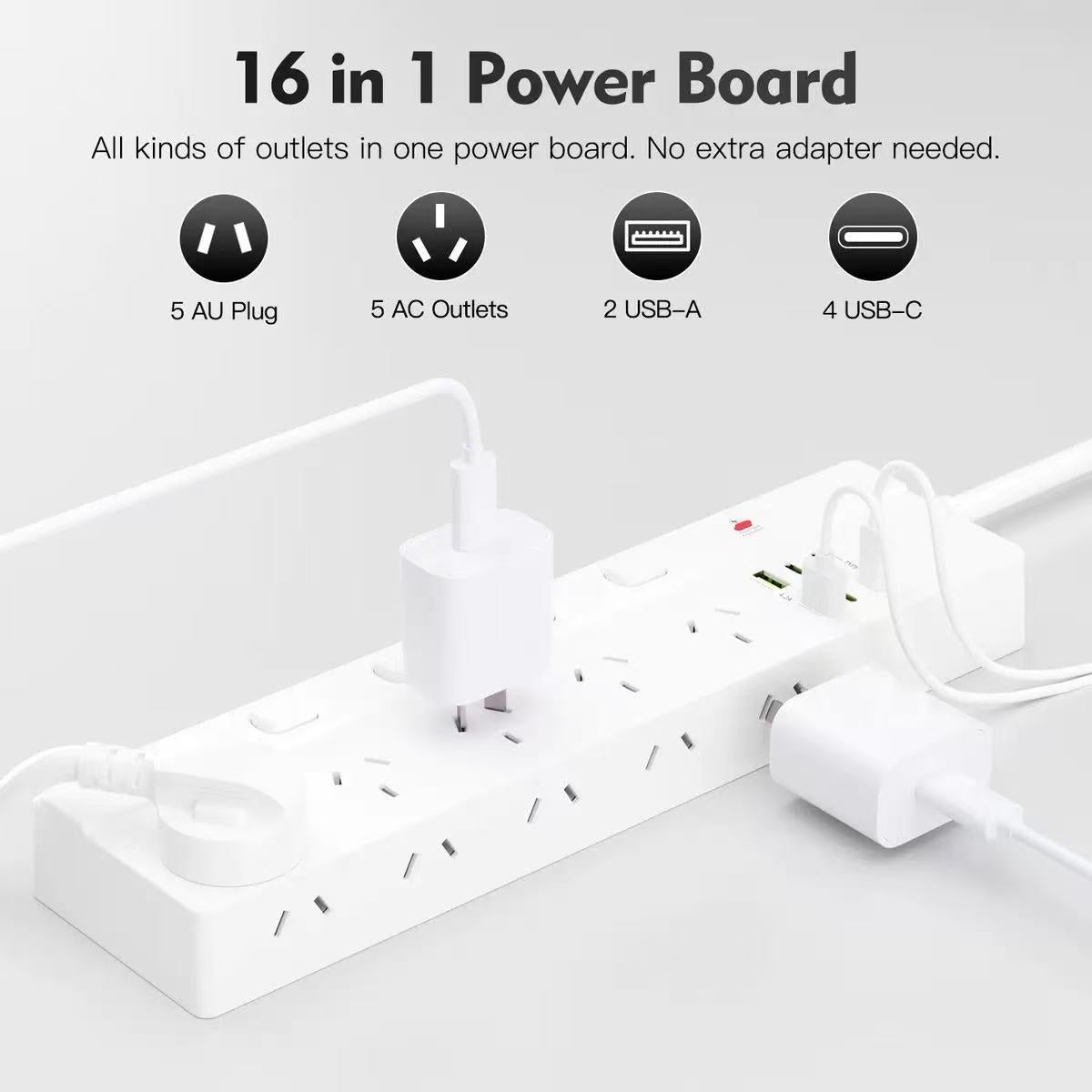 16-in-1 Surge Protected Power Board with 10 AC Outlets & 6 USB Ports
