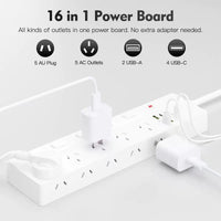 16-in-1 Surge Protected Power Board with 10 AC Outlets & 6 USB Ports