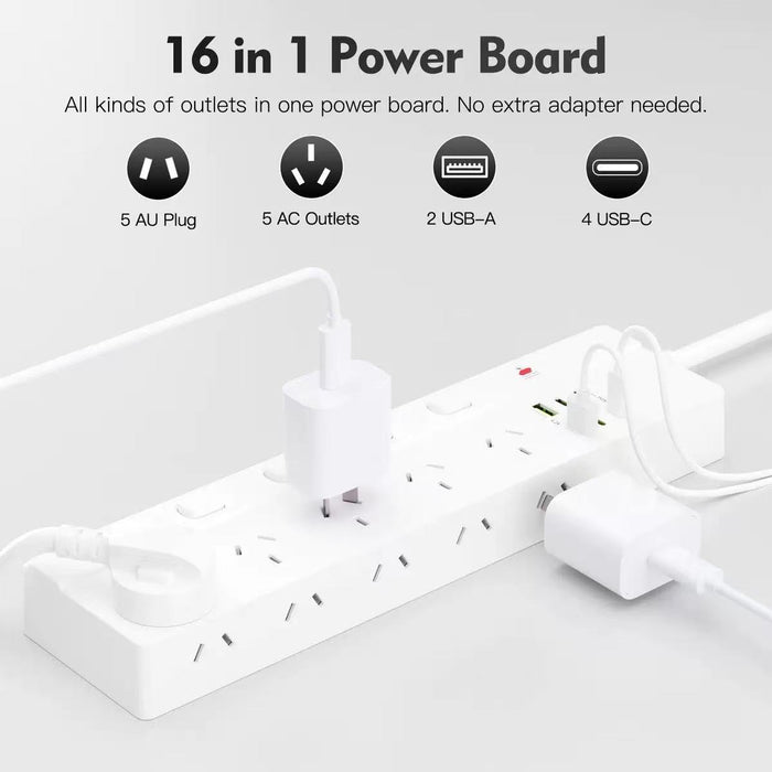 16-in-1 Surge Protected Power Board with 10 AC Outlets & 6 USB Ports