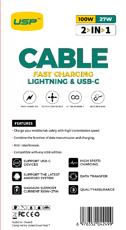 2 in 1 USB-C to Lighting + USB-C  Super Fast Charging Cable 100W  Nylon Braided Cable 1.2M USP