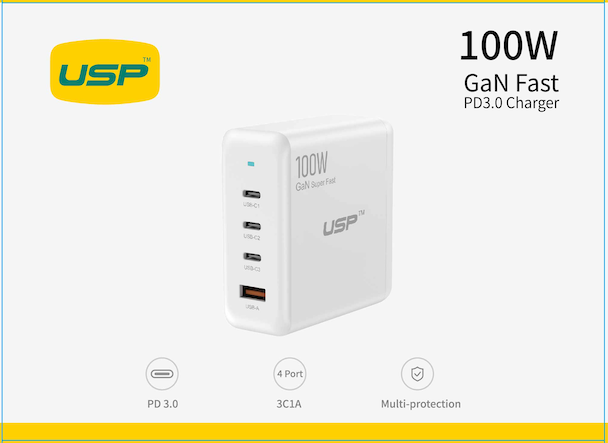 100W GaN 4 Ports USB-C PD Super Fast Laptop Wall Charger USP