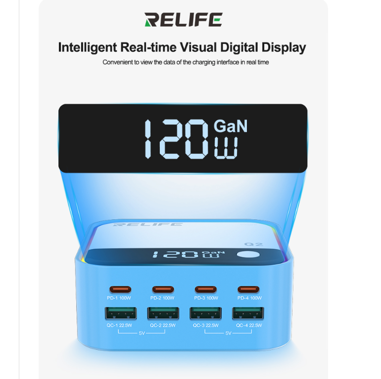 Relife Q2 120W 8-Ports Desktop Charger with PD100W Charging & RGB Atmosphere Lighting