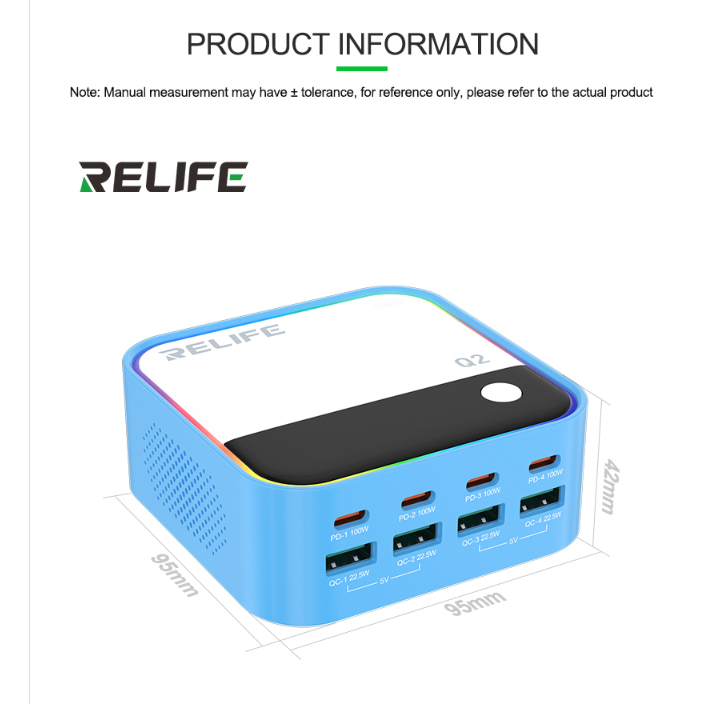 Relife Q2 120W 8-Ports Desktop Charger with PD100W Charging & RGB Atmosphere Lighting