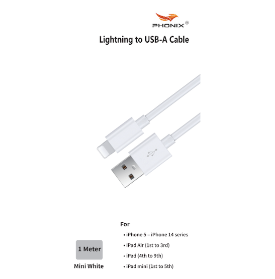 1M Lightning to USB-A Mini White Cable  Phonix