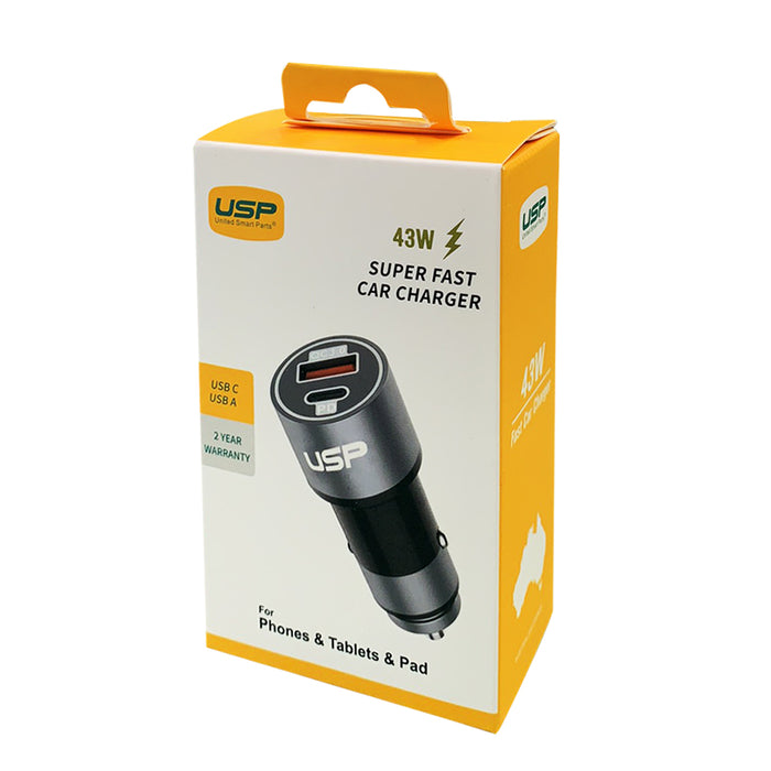 43W USB A + TYPE C Fast Car Charger USP