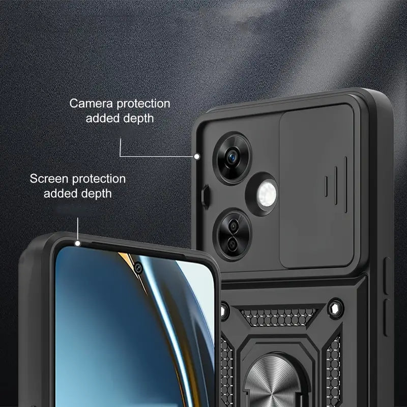 For iPhone 15 Shockproof Camera Window Case with Holder Black