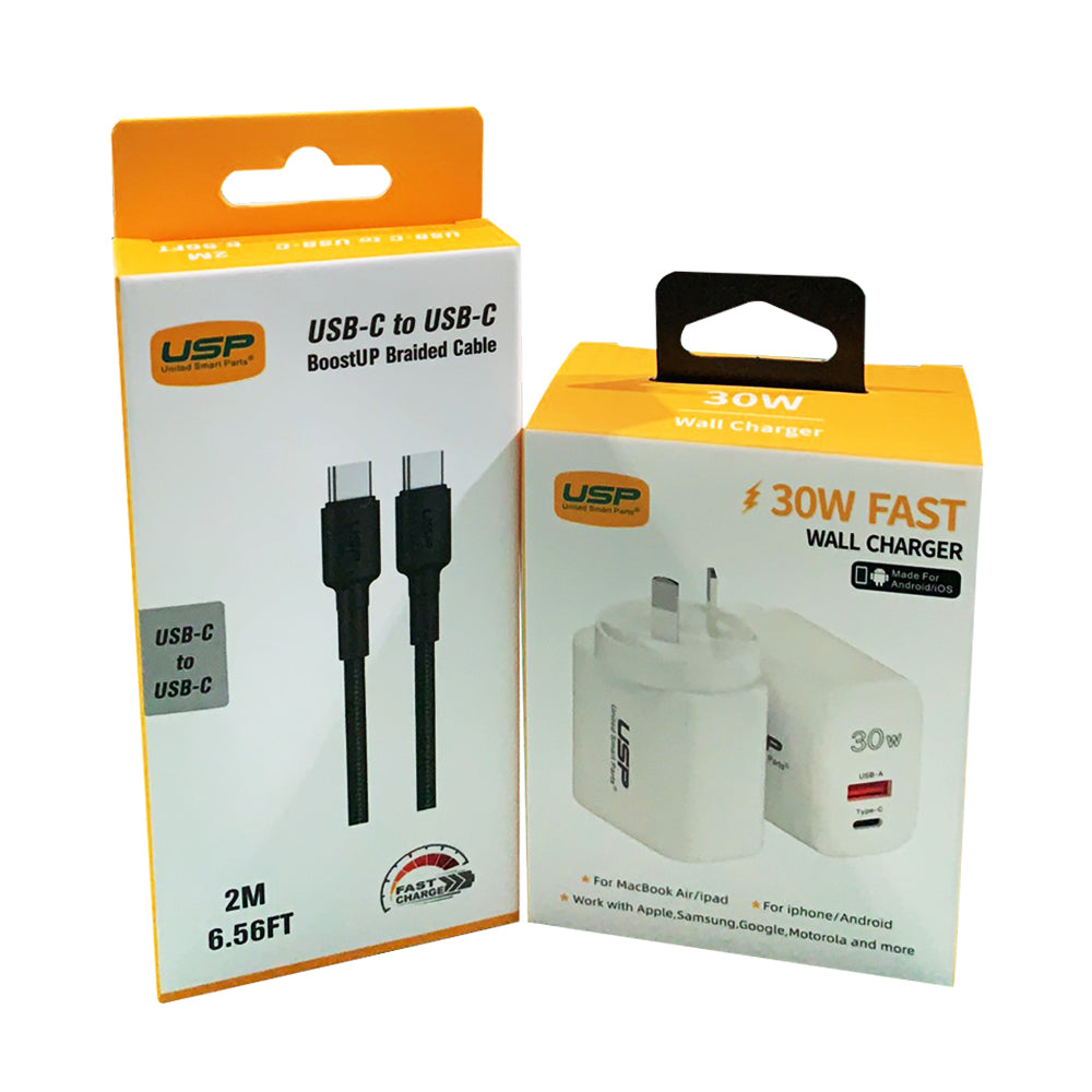 Soft bundle:30W USB A + TYPE C PD Quick Wall Charger Plus 2M USB-C to USB-C White Cable USP