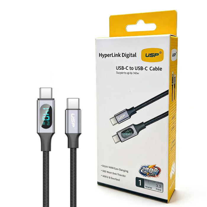 1M HyperLink Digital display USB-C to USB-C Cable Charge & Connect Black 140W USP