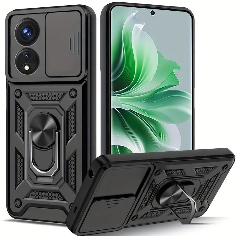 For iPhone 15 Shockproof Camera Window Case with Holder Black