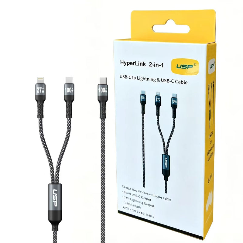 2 in 1 USB-C to Lighting + USB-C  Super Fast Charging Cable 100W  Nylon Braided Cable 1.2M USP