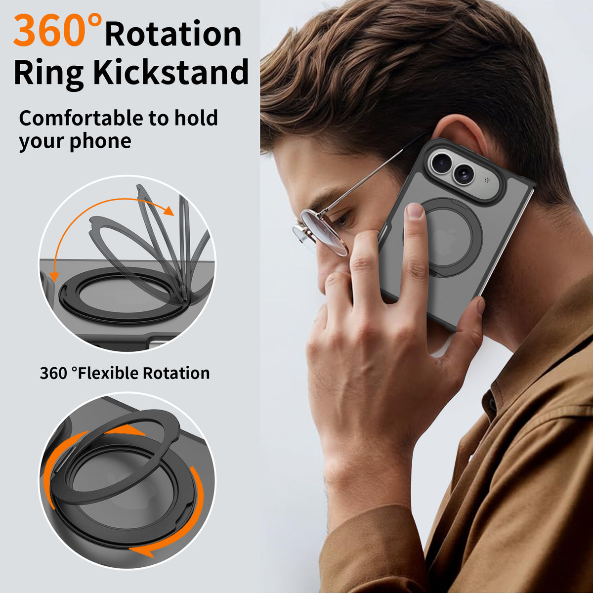 USP Black Case For iPhone Fold 360° Rotatable Ring Stand Compatible With Magsafe
