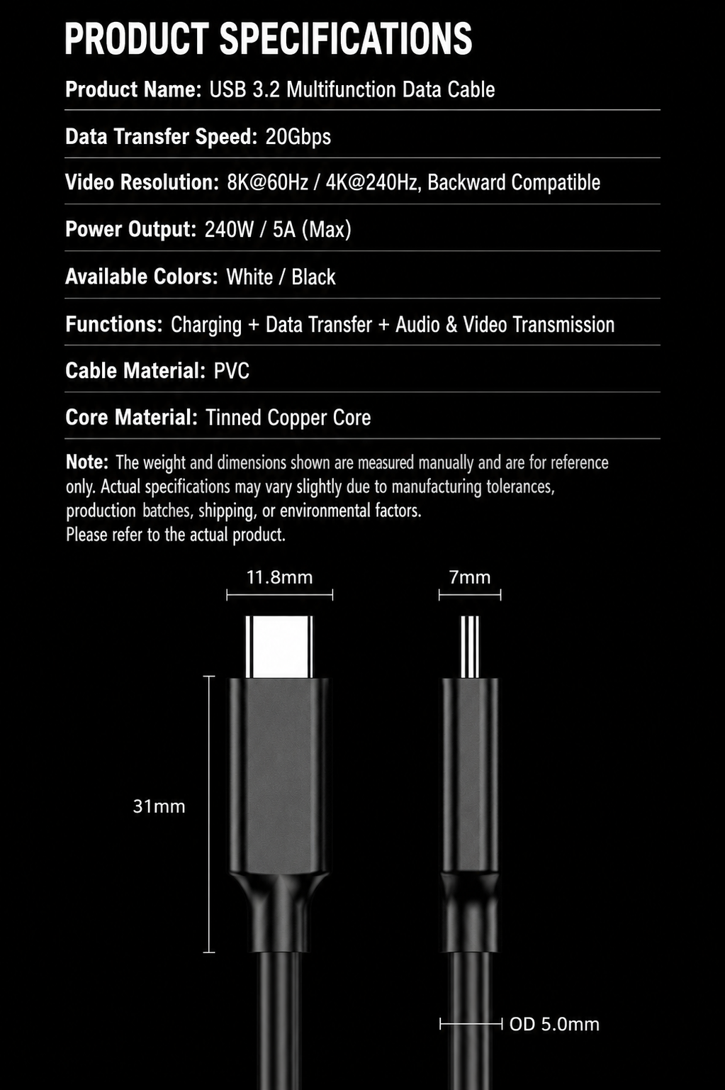USB C to C 5m Cable USB 3.2 20Gbps 8K@60Hz 240w 5A