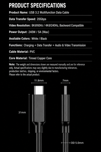 USB C to C 5m Cable USB 3.2 20Gbps 8K@60Hz 240w 5A