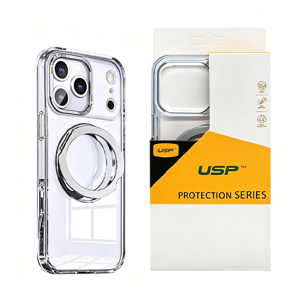 USP Clear Case For iPhone 17 Pro Max 360° Rotatable Ring Stand Compatible With Magsafe
