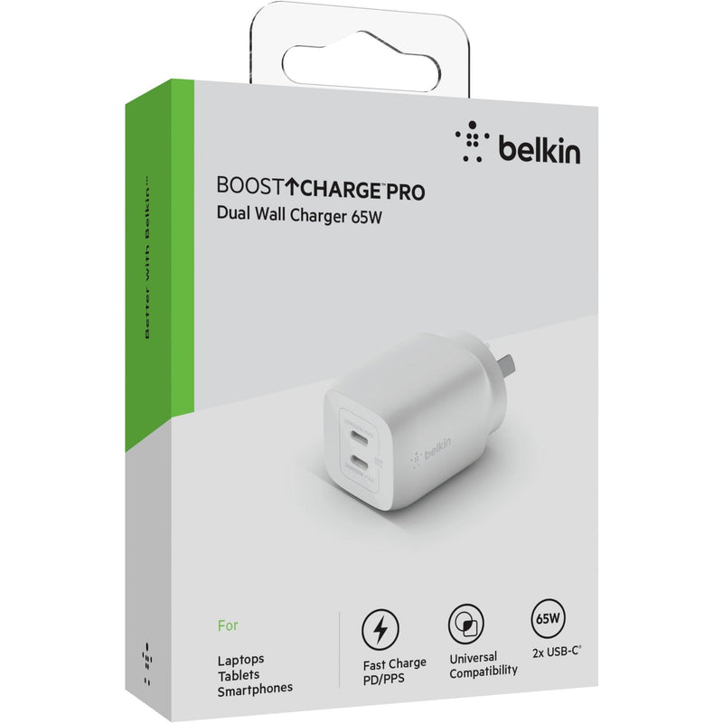 Belkin BoostUp Charge Dual USB-C 65W GaN Wall Charger (White)