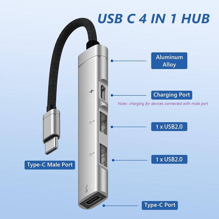 USB-C Multiport Hub 4-in-1 Adapter with 2 USB Ports & Dual Type-C PD Charging, Aluminum Alloy