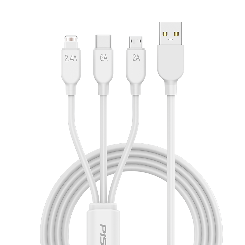 PISEN 3 in 1 1.2M 6A Superfast All Protocol Charging  Data Cable(1200mm) White AP17-1200