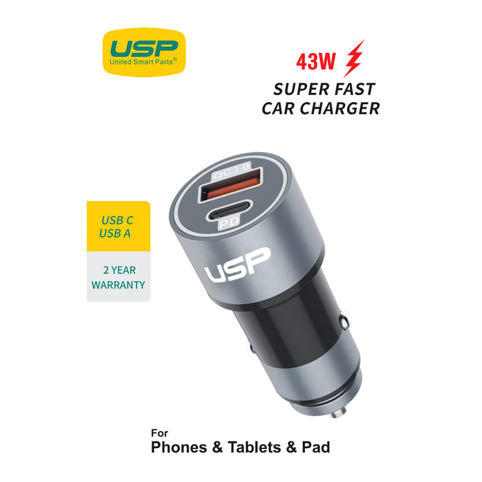 43W USB A + TYPE C Fast Car Charger USP